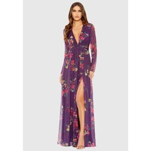 Mac Duggal Long Sleeve Ruched Top Deep V-Neckline Gown Purple Size 10 NWT #68558